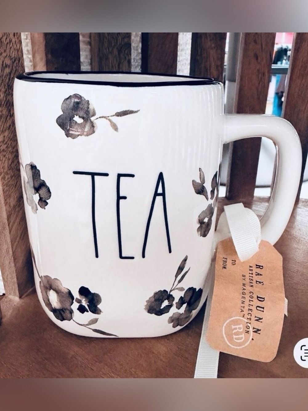 NWT Rae Dunn Gorgeous “TEA”  Floral White & Black Letters Glossy Ceramic Mug